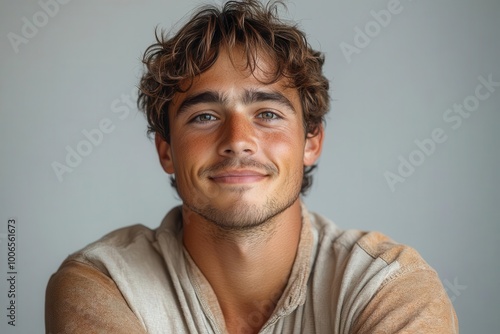 portrait of a confident and charming young man with a warm smile and folded arms isolated against a white background radiating positivity and approachability perfect for personal branding