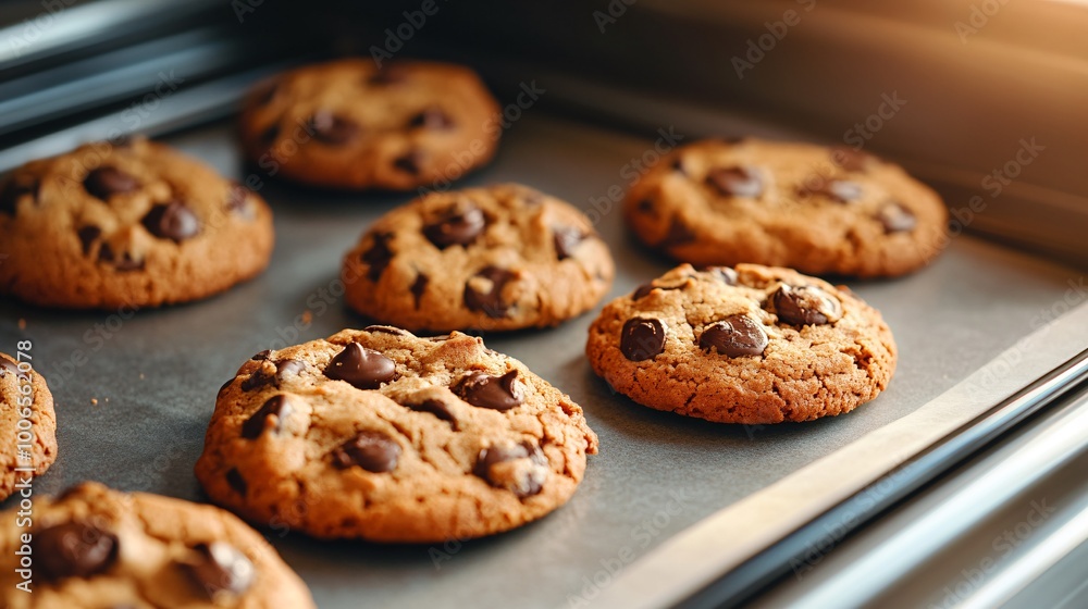 freshly baked chocolate chip cookies on a baking tray freshly baked chocolate chip cookies on a baking tray