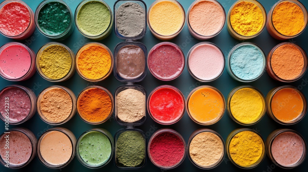 An array of powdered ingredients and colorful smoothie drinks displayed in rows with vibrant hues An array of powdered ingredients and colorful smoothie drinks displayed in rows with vibrant hues