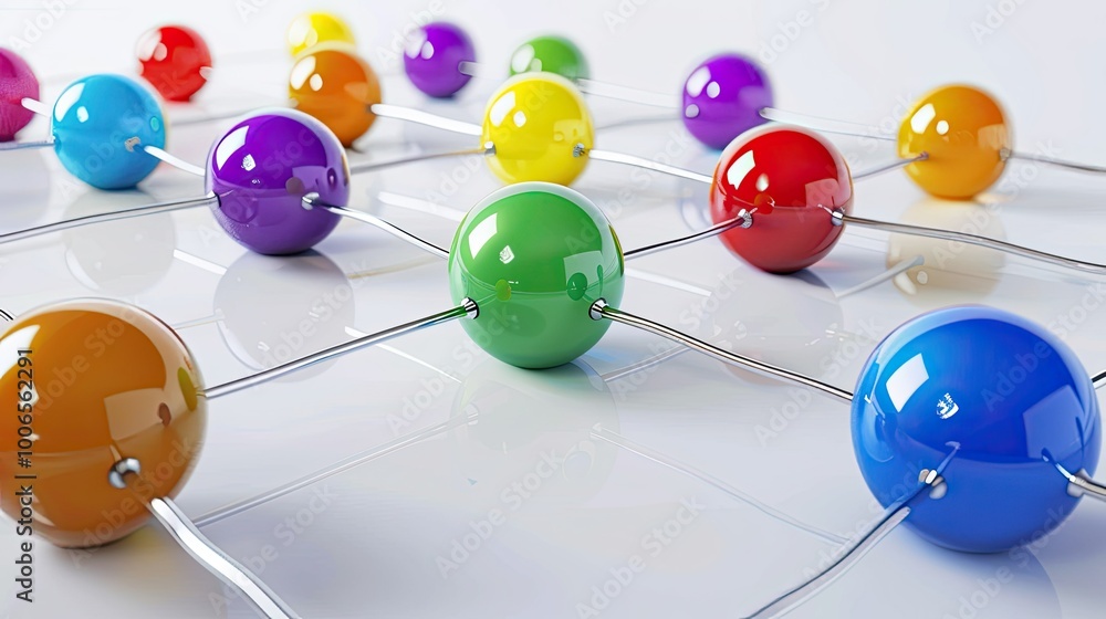 Obraz premium connection concept with color spheres connected by wires --no text and people, human --chaos 10 --ar 16:9 Job ID: eadfd715-4b24-4398-a392-81255d64cafe