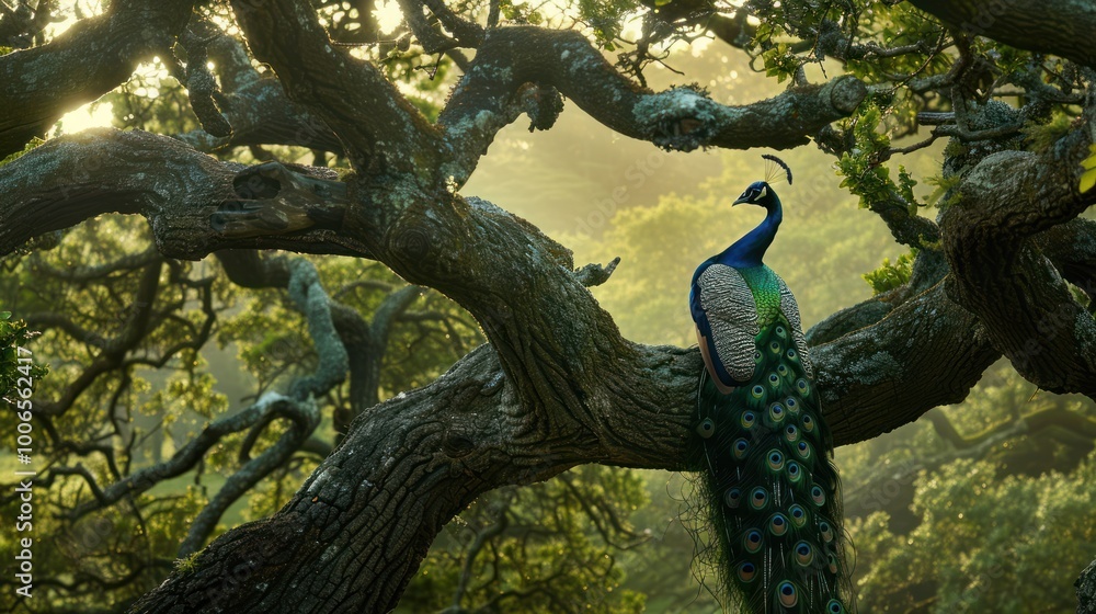 Peacock perched on tree branch Peacock perched on tree branch