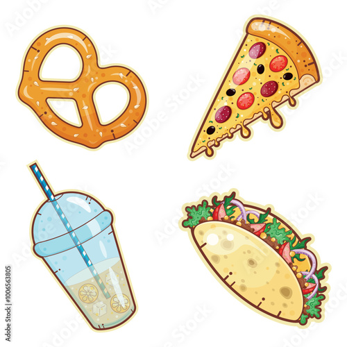 Stickers of streed food. Image of pretzel, pizza, lemonade and taco. Vector illustration. 