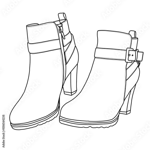 Women's Ankle Closed Toe Strap Bootie Shoes Line art, Technical sketch hand drawing outline vector doodle illustration side isometric 3D view isolated on white background