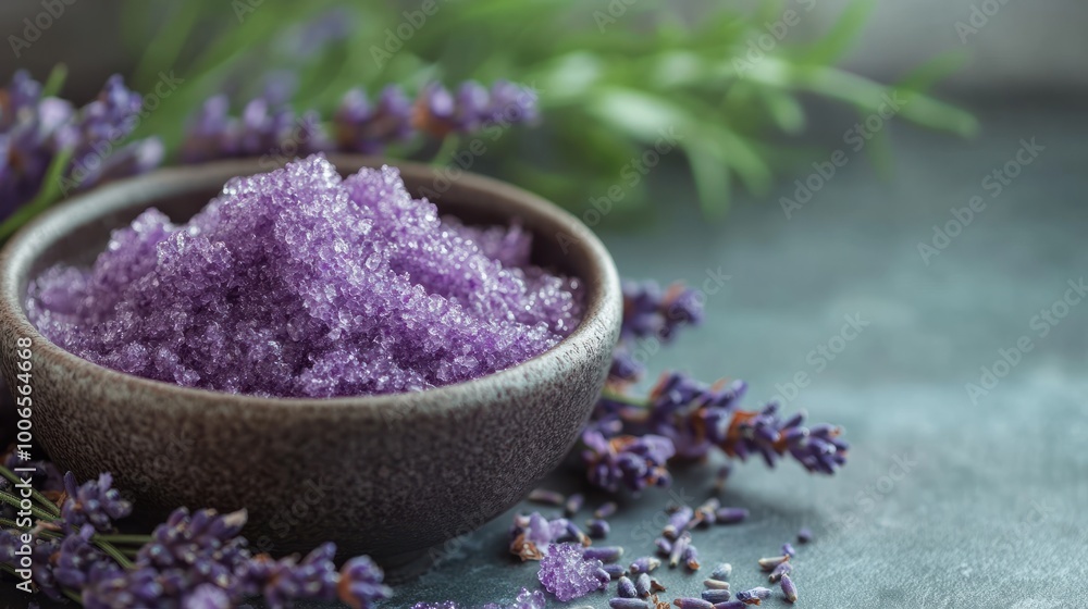 Close up of a bowl filled with lavender sugar scrub on a table showcasing lavender flowers for relaxing self-care moments