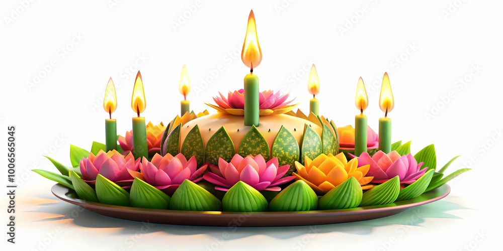 3D Loy Krathong Icon with Glowing Candles - Festive Celebration Design Isolated on White Background, Capturing Warm Glow and Cultural Essence 3D Loy Krathong Icon with Glowing Candles - Festive Celebration Design Isolated on White Background, Capturing Warm Glow and Cultural Essence