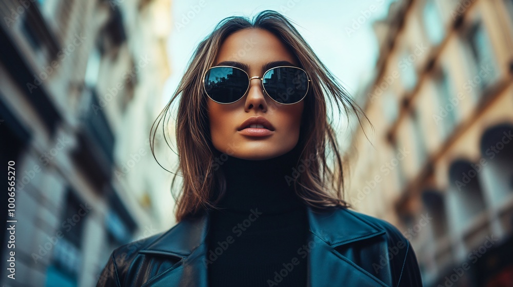 Fashionable woman in sunglasses on city street Fashionable woman in sunglasses on city street