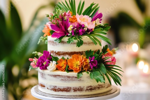 Colorful triple-layer cake style embellished with flowers and leaves, perfect for gatherings and memorable events photo