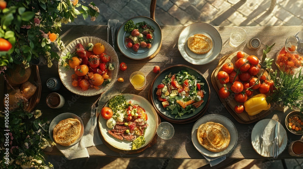 Farmtotable vegan brunch spread, topdown view, bright morning light, colorful plates, fresh ingredients, outdoor setting Farmtotable vegan brunch spread, topdown view, bright morning light, colorful plates, fresh ingredients, outdoor setting