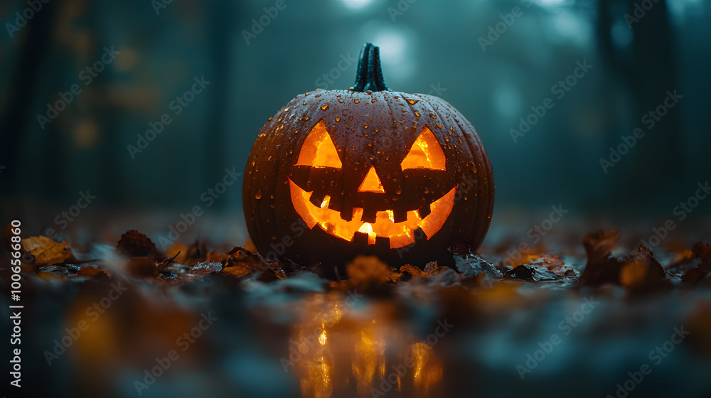 Glowing Jack-o'-Lantern in the Dark Woods: Spooky Halloween Pumpkin with a Grinning Face in the Autumn Night Glowing Jack-o'-Lantern in the Dark Woods: Spooky Halloween Pumpkin with a Grinning Face in the Autumn Night