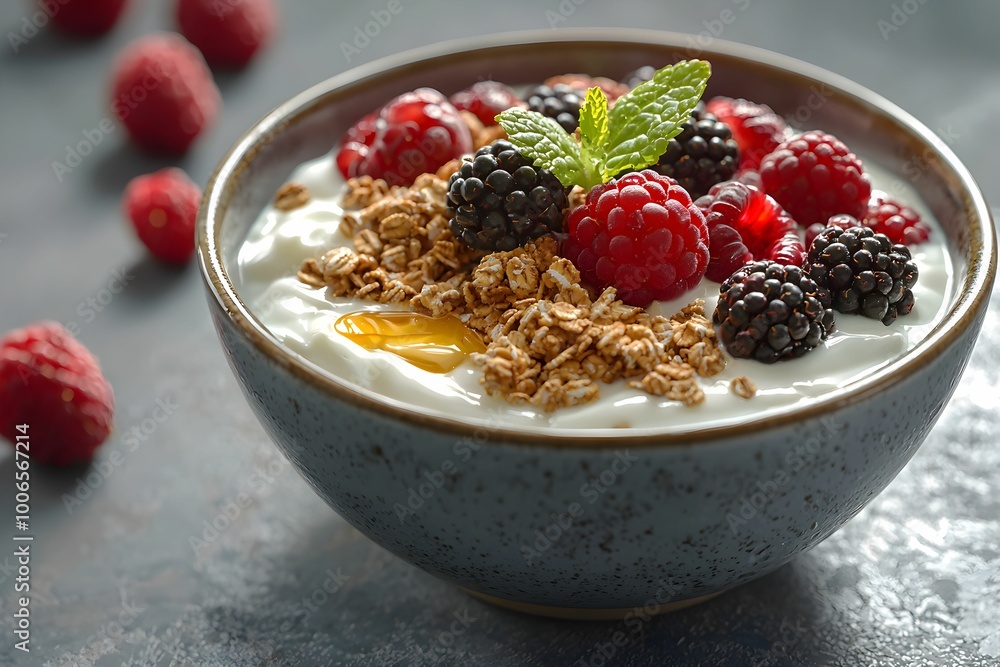 Delicious yogurt bowl with berries and granola prepared in a kitchen Delicious yogurt bowl with berries and granola prepared in a kitchen