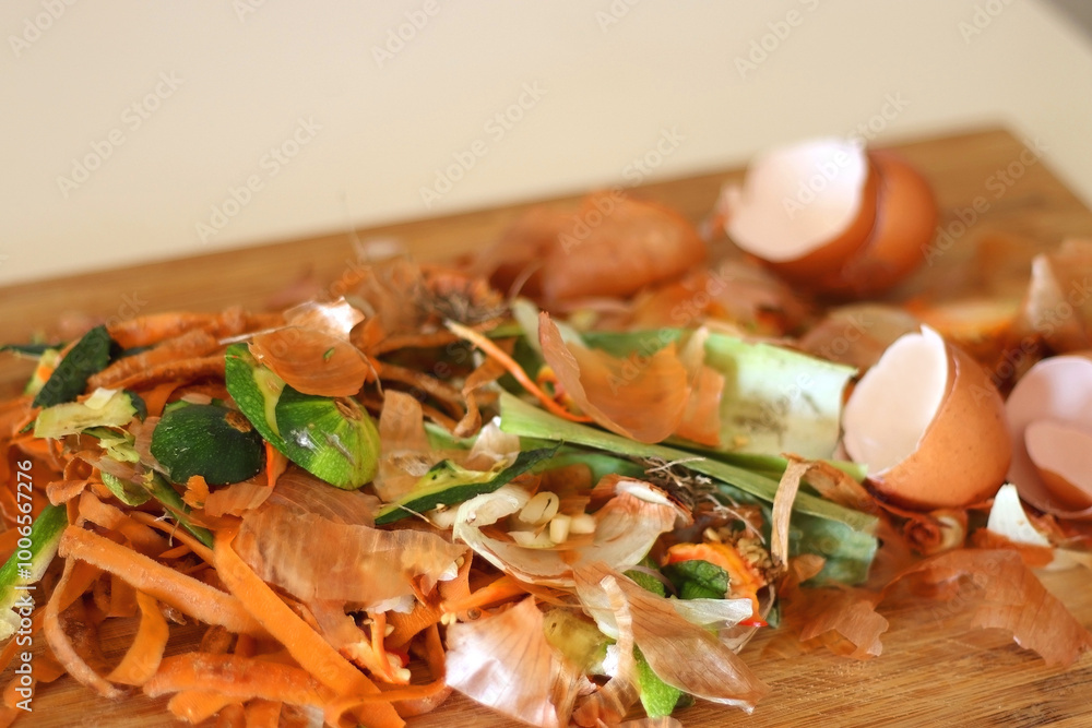 Chopping board with biowaste left from cooking. Selective focus.