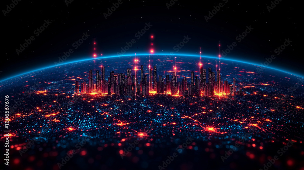 Fototapeta premium Illustration of outer space horizon, showing different waves connecting technologies around the world.