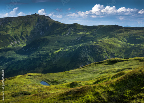 Pip Ivan mountain with observatory silhouette, alpine height and high mountai...