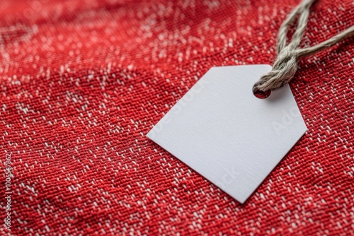 Laundry instruction tag on a textured crimson shirt material with an empty white label for garment guidelines photo