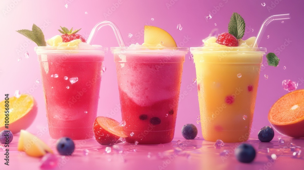 Fruit smoothies in plastic cups. Fruit smoothies in plastic cups.