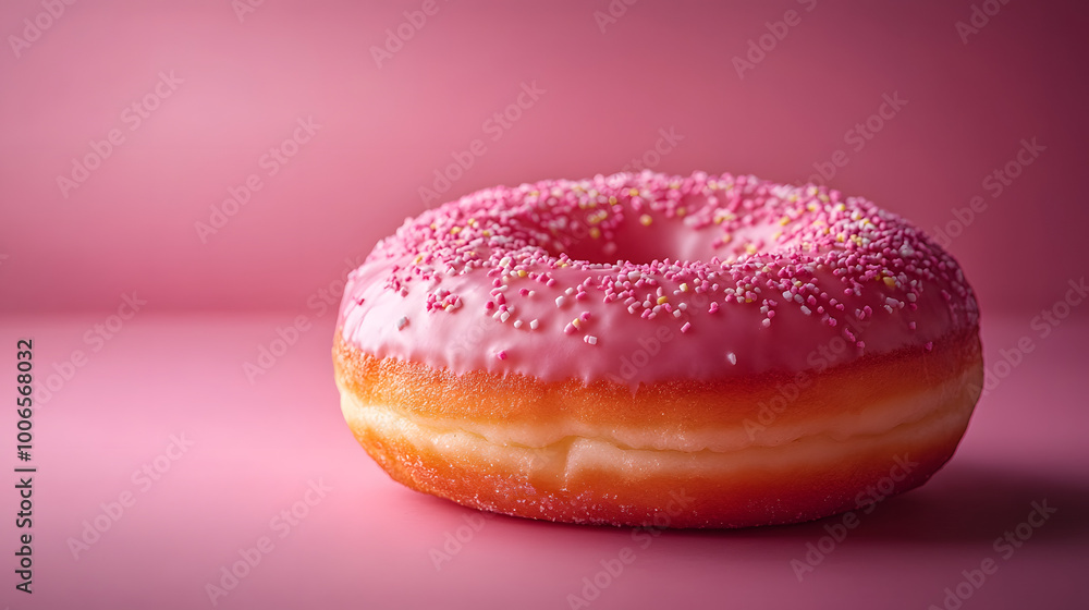 Glazed Pink Donut with Delicate Sugar Dusting on a Soft Pink Background Glazed Pink Donut with Delicate Sugar Dusting on a Soft Pink Background