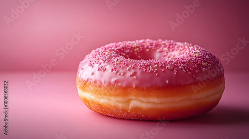 Glazed Pink Donut with Delicate Sugar Dusting on a Soft Pink Background