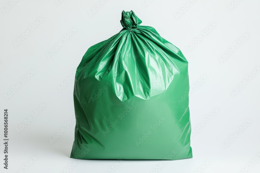 A green plastic bag leans on a simple white background A green plastic bag leans on a simple white background