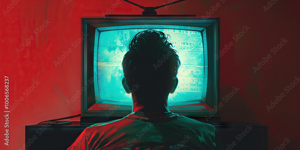 Television (Retro TV): A figure watching a retro television set, symbolizing the television shows and culture of the 1980s Television (Retro TV): A figure watching a retro television set, symbolizing the television shows and culture of the 1980s