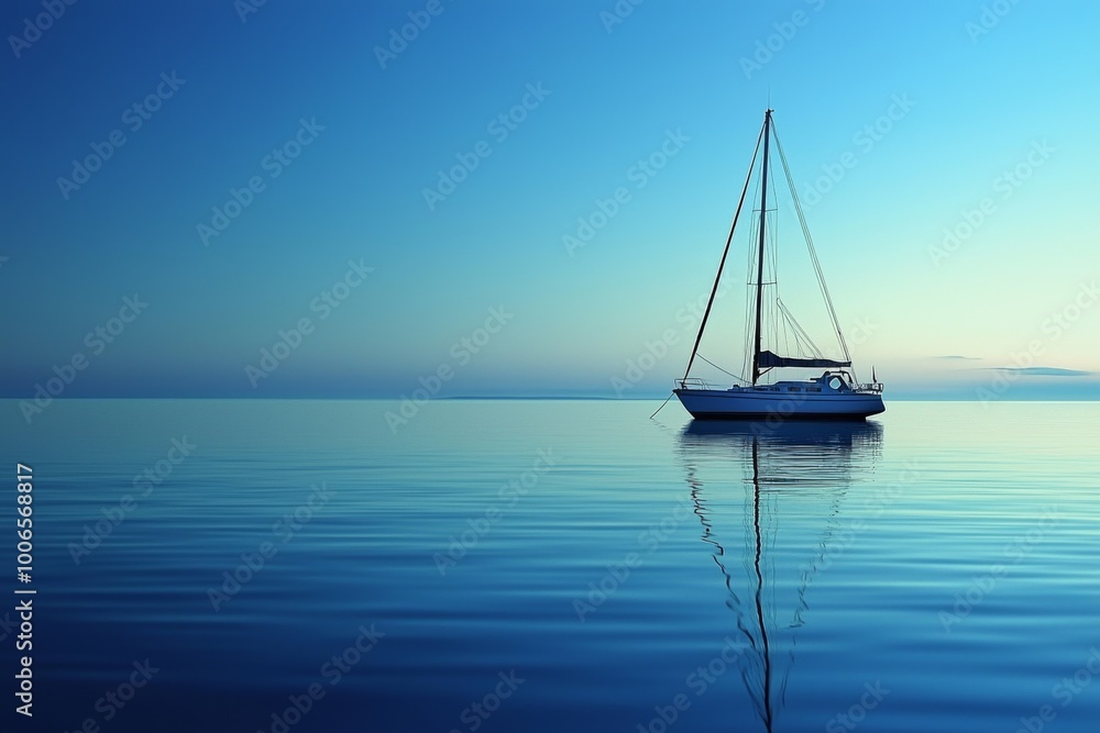 Fototapeta premium Arafed sailboat in calm blue water with a clear sky, tranquil sea surfaces, tranquil waters, perfectly tranquil waters, sailboats, serene and peaceful, tranquil and serene, sailboats, calm night, tran