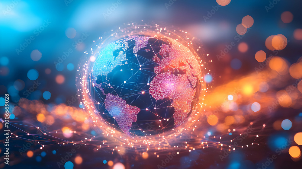 Obraz premium 3D Globe with Interconnected Lines on Abstract Bokeh Background - Symbolizing Global Networks for International Business Advertisements