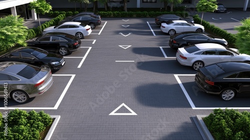 An aerial perspective captures numerous cars parked at a shopping mall parking lot, showcasing arrows indicating entry and exit points under sunny skies