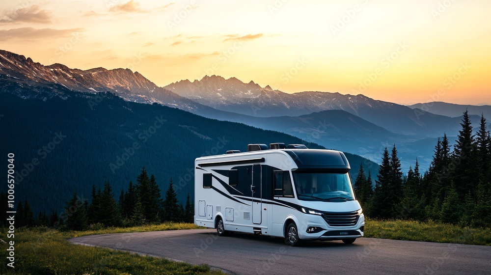 Luxury RV at Sunset in Mountain Landscape Luxury RV at Sunset in Mountain Landscape