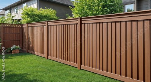 A brown wooden fence surrounding the backyard with greenery