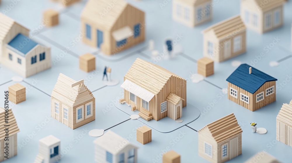 miniature wooden houses and people in a urban setting miniature wooden houses and people in a urban setting