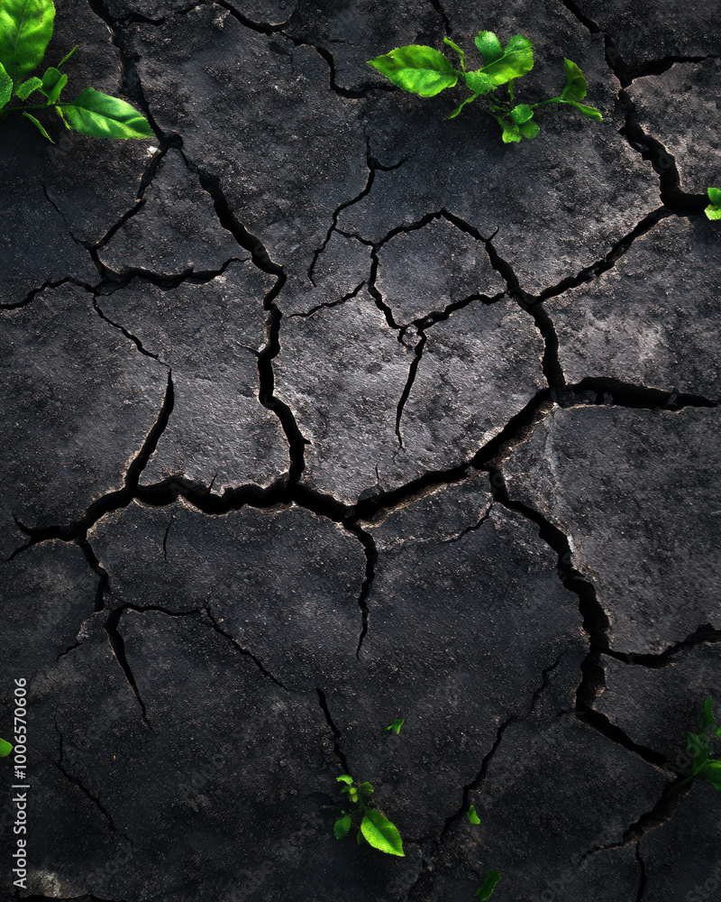 A striking image of cracked earth interspersed with vibrant green shoots, symbolizing nature?s resilience amid harsh conditions. Hope thrives in barren landscapes, showcasing life's tenacity against t A striking image of cracked earth interspersed with vibrant green shoots, symbolizing nature?s resilience amid harsh conditions. Hope thrives in barren landscapes, showcasing life's tenacity against t