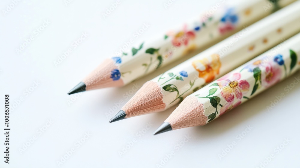 Three adorable pencils with floral designs, placed on a clean white surface, ideal for showcasing a charming stationery collection Three adorable pencils with floral designs, placed on a clean white surface, ideal for showcasing a charming stationery collection