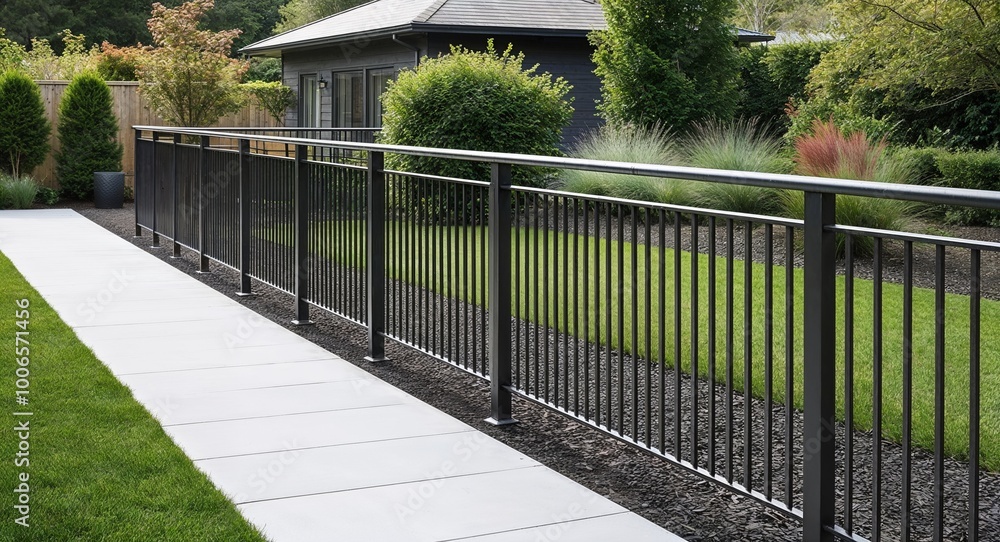 A sleek metal railing along the pathway in the garden A sleek metal railing along the pathway in the garden