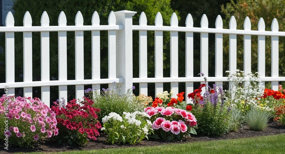 A white picket fence lining the edge of the flower garden A white picket fence lining the edge of the flower garden