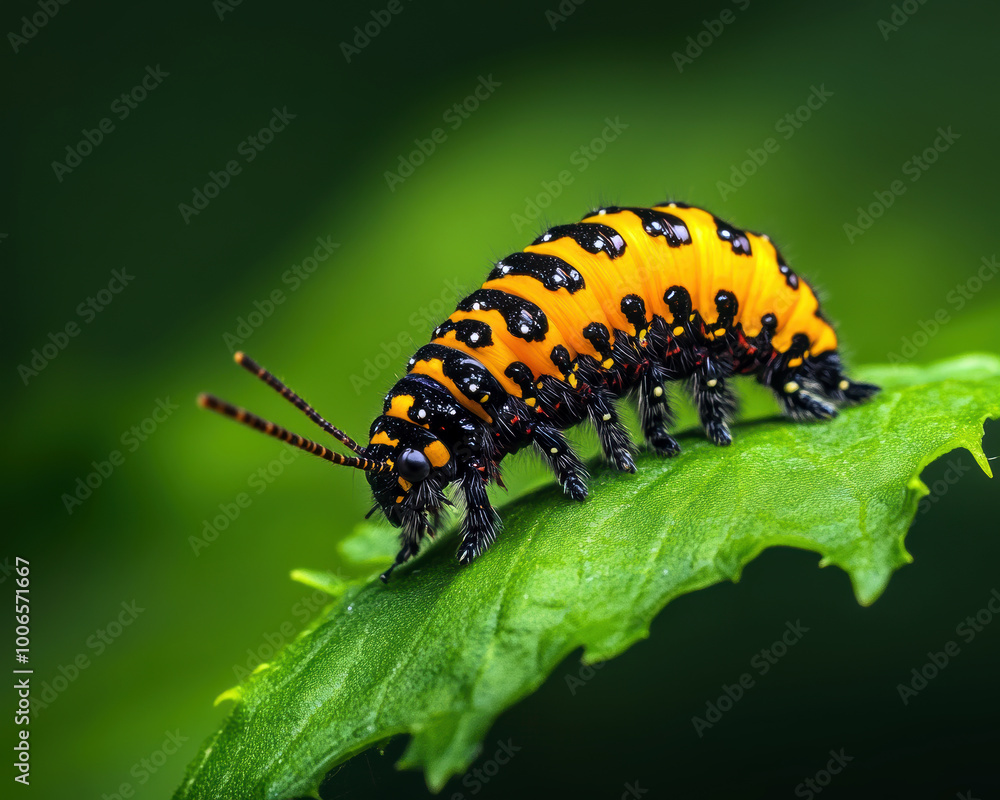 This vibrant caterpillar showcases a stunning pattern of orange and black, perfectly adapting to its lush green environment, representing the intriguing lifecycle of butterflies in nature. This vibrant caterpillar showcases a stunning pattern of orange and black, perfectly adapting to its lush green environment, representing the intriguing lifecycle of butterflies in nature.