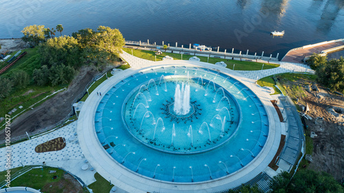 Aerial view of Friendship Fountain in Jacksonville, Florida, highlighting its circular design, water jets, and surrounding park area in Duval County.