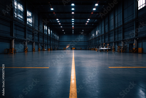 An expansive aircraft hangar showcasing a polished floor and high ceilings, illuminated by overhead lights. The clear space emphasizes the structure's purpose and functionality in aviation. photo