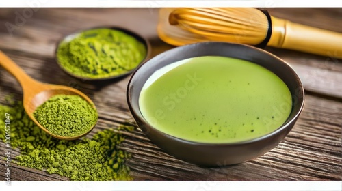 A zen-like arrangement of matcha tea tools, including the bamboo whisk, tea scoop, and matcha bowl, set against a minimalist background.