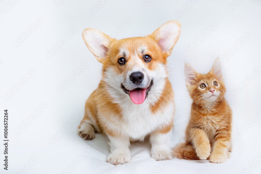 Cute Welsh corgi puppy and a red kitten sit together on a white background. isolated on a white background Cute Welsh corgi puppy and a red kitten sit together on a white background. isolated on a white background