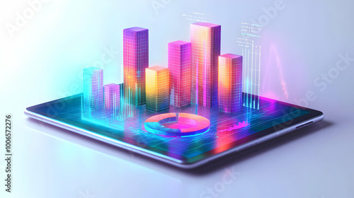 Wallpaper Mural 3D Tablet with Holographic Bar Chart & Pie Chart Icons - High Resolution Financial Planning Concept on White Background Torontodigital.ca