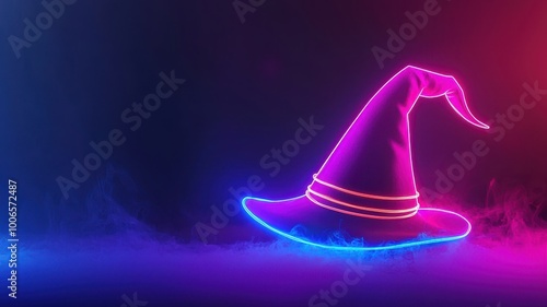 Neon witch hat glowing against a colorful misty background.