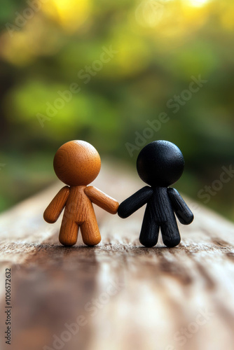 Two wooden figurines, one dark and one light, hold hands against a natural backdrop, symbolizing friendship, acceptance, and the beauty of diversity in our world today. photo