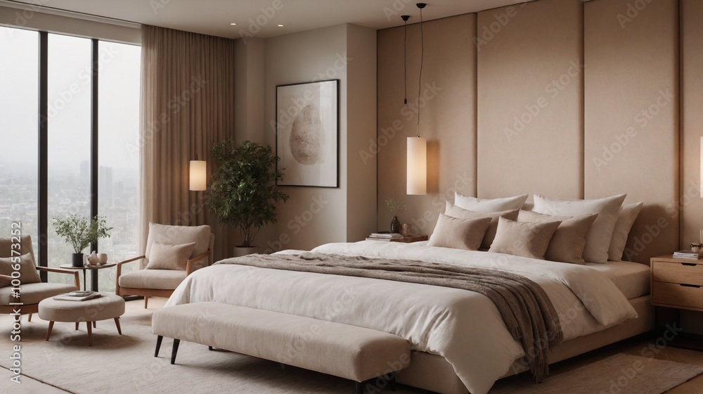 Modern master bedroom interior design with open windows 3d illustration. Modern master bedroom interior design with open windows 3d illustration.