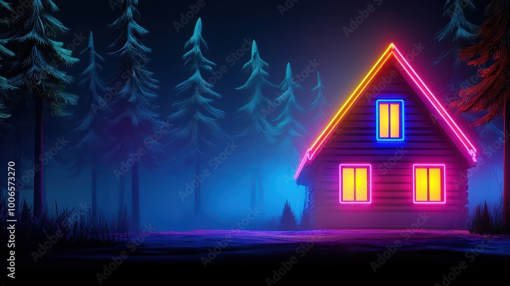 Naklejka premium Vibrant neon-lit cabin in a mystical dark forest at night.