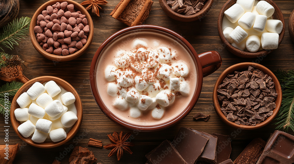Gourmet Hot Chocolate Bar, A cozy setup with cups of hot chocolate surrounded by toppings like whipped cream, marshmallows, and chocolate shavings Gourmet Hot Chocolate Bar, A cozy setup with cups of hot chocolate surrounded by toppings like whipped cream, marshmallows, and chocolate shavings