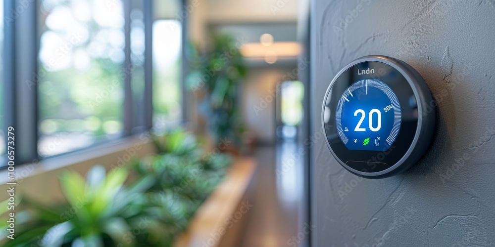 Obraz premium Smart thermostat on wall in modern home interior with plants and natural light