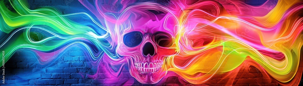Vibrant skull design with colorful smoke effects on a dark background. Vibrant skull design with colorful smoke effects on a dark background.