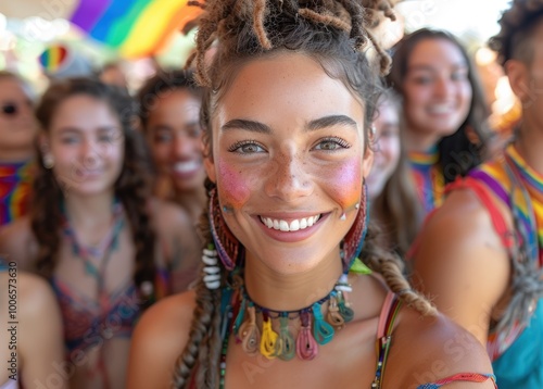 Portrait of a smiling young woman with colorful festival makeup, standing amidst a vibrant crowd under rainbow flags, capturing the joyful and inclusive spirit of celebration