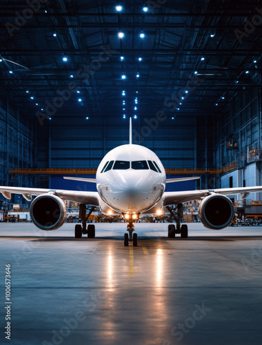 A stunning view of a sleek airplane positioned in a modern hangar, illuminated by bright artificial lights, showcasing intricate details and the grandeur of aviation technology.