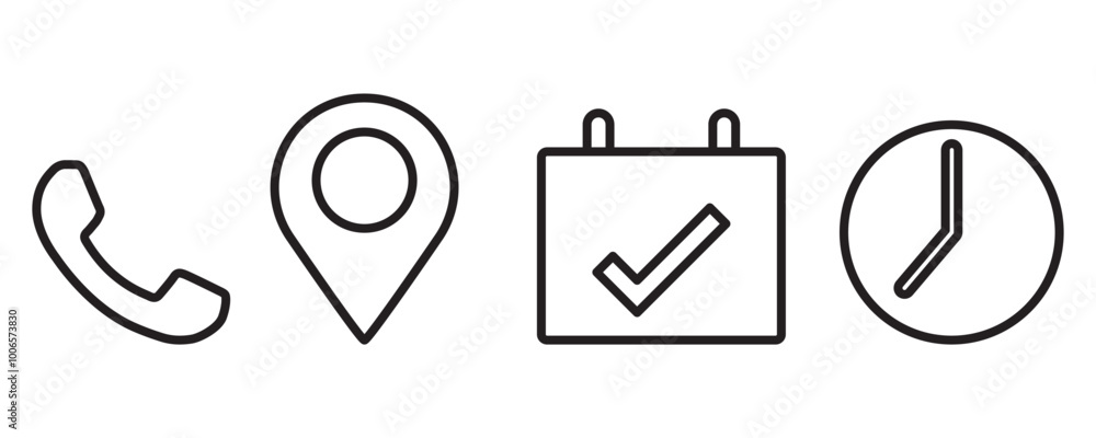 contact, location, calendar and date icons, event outline icons isolated on white, vector icons contact, location, calendar and date icons, event outline icons isolated on white, vector icons
