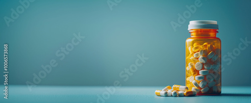 Orange prescription pill bottle filled with white and yellow capsules, placed on a minimalist blue background, representing healthcare, medication, and pharmaceutical treatment